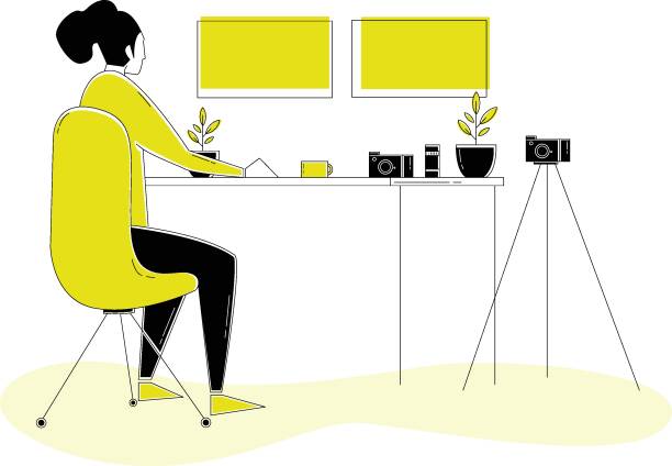 20200331_ILL_WorkFromHomeVector_PhotographerWorkspace A female photographer edits photos while working from home. A camera is on the desk and another camera is mounted on a tripod next to the desk. She is using two large computer monitors. female film editor stock illustrations