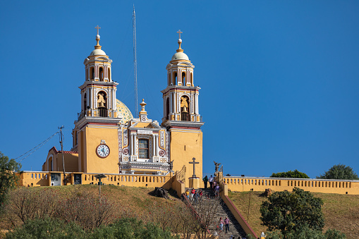 Cholula, Mexico - 15 February, 2020: Church of Our Lady of Remedies in Cholula, Mexico.