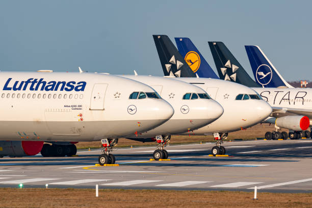 Lufthansa Airplanes grounded at Frankfurt stock photo