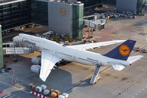 Lufthansa Boeing 747-8 airplane at Frankfurt stock photo