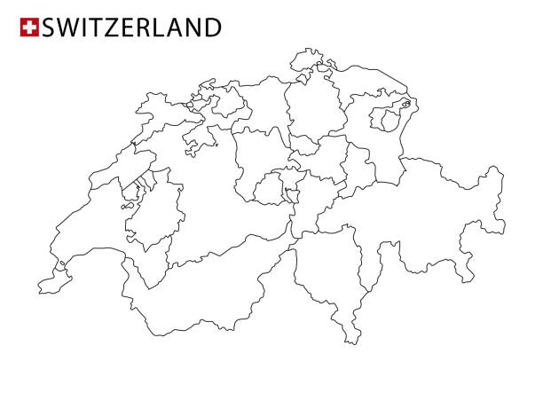 ilustraciones, imágenes clip art, dibujos animados e iconos de stock de mapa de suiza, en blanco y negro, las regiones de esquema detalladas del país. - switzerland