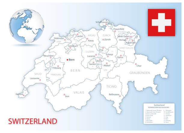 파란색 지구보에 국가 플래그와 위치와 상세한 스위스 관리지도. - switzerland stock illustrations