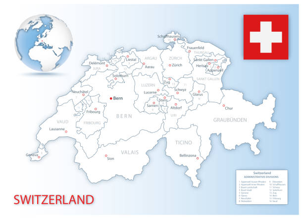 ilustrações de stock, clip art, desenhos animados e ícones de detailed switzerland administrative map with country flag and location on a blue globe. - map switzerland swiss culture zurich