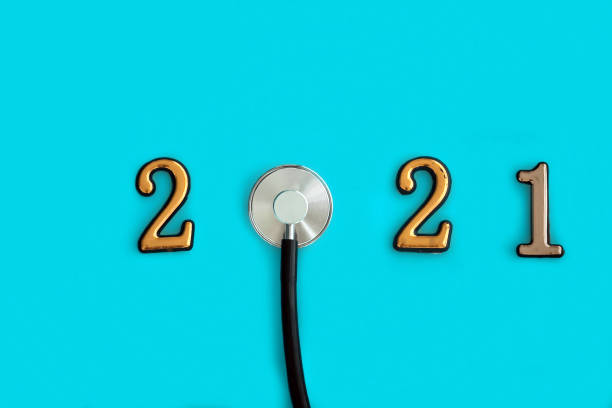 istock Stethoscope with 2020 number on blue background. 1218048756