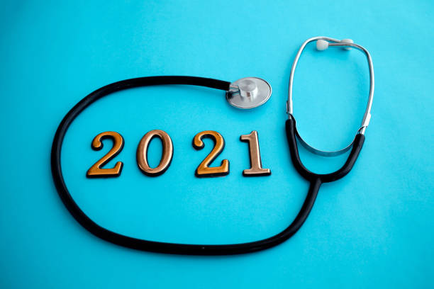istock Stethoscope with 2020 number on blue background. 1218048777
