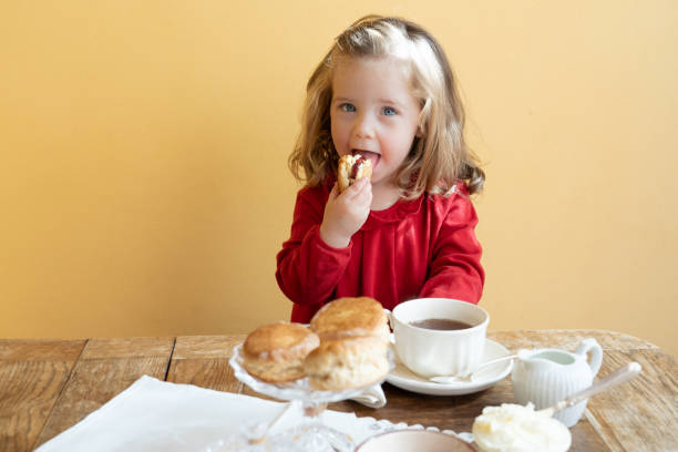 ragazza che mangia una focaccina con marmellata di fragole e crema coagulata - afternoon tea scone tea cream foto e immagini stock