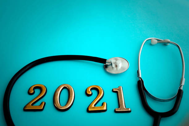 istock Stethoscope with 2020 number on blue background. 1218048949