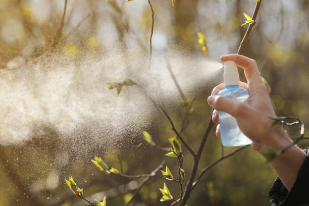 istock Female hands holds container and sprays tree branch with buds against bright sunlight in garden. Care and treatment of plants. selective focus 1218050987