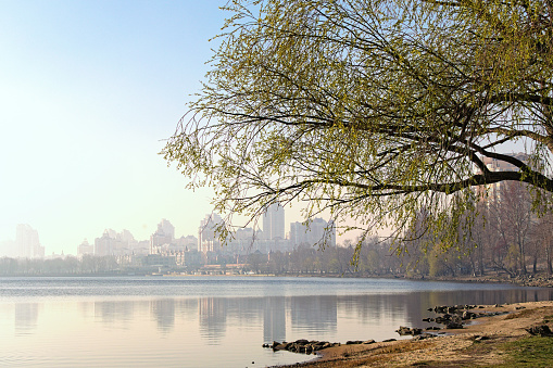 Astonishing sunny morning landscape of Dnipro river near Obolon district. Narrow riverside with beautiful trees. Buildings reflected in the water. Top of skyscrapers in morning smog in the background