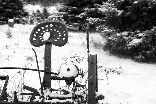 Rusted and aged plow sits in field covered in winter snow