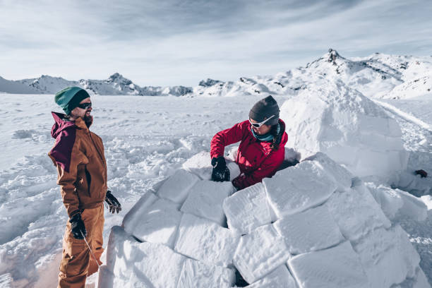 friends carve snow to build igloo - igloo imagens e fotografias de stock