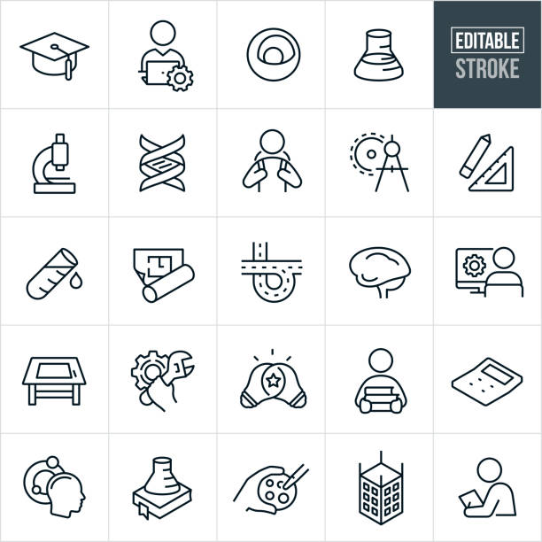 STEM Thin Line Icons - Editable Stroke A set of STEM icons that include editable strokes or outlines using the EPS vector file. The icons represent the areas of Science, Technology, Engineering and Mathematics. They include a graduation cap, person working at computer, an atom, science beaker, microscope, DNA strand, student with backpack, drawing compass, drawing square, test tube, architectural floor plan, freeway, brain, engineer, architect at computer, drawing table, cog, student with books, light bulb, calculator, petri dish, building construction and other related icons. stem research stock illustrations