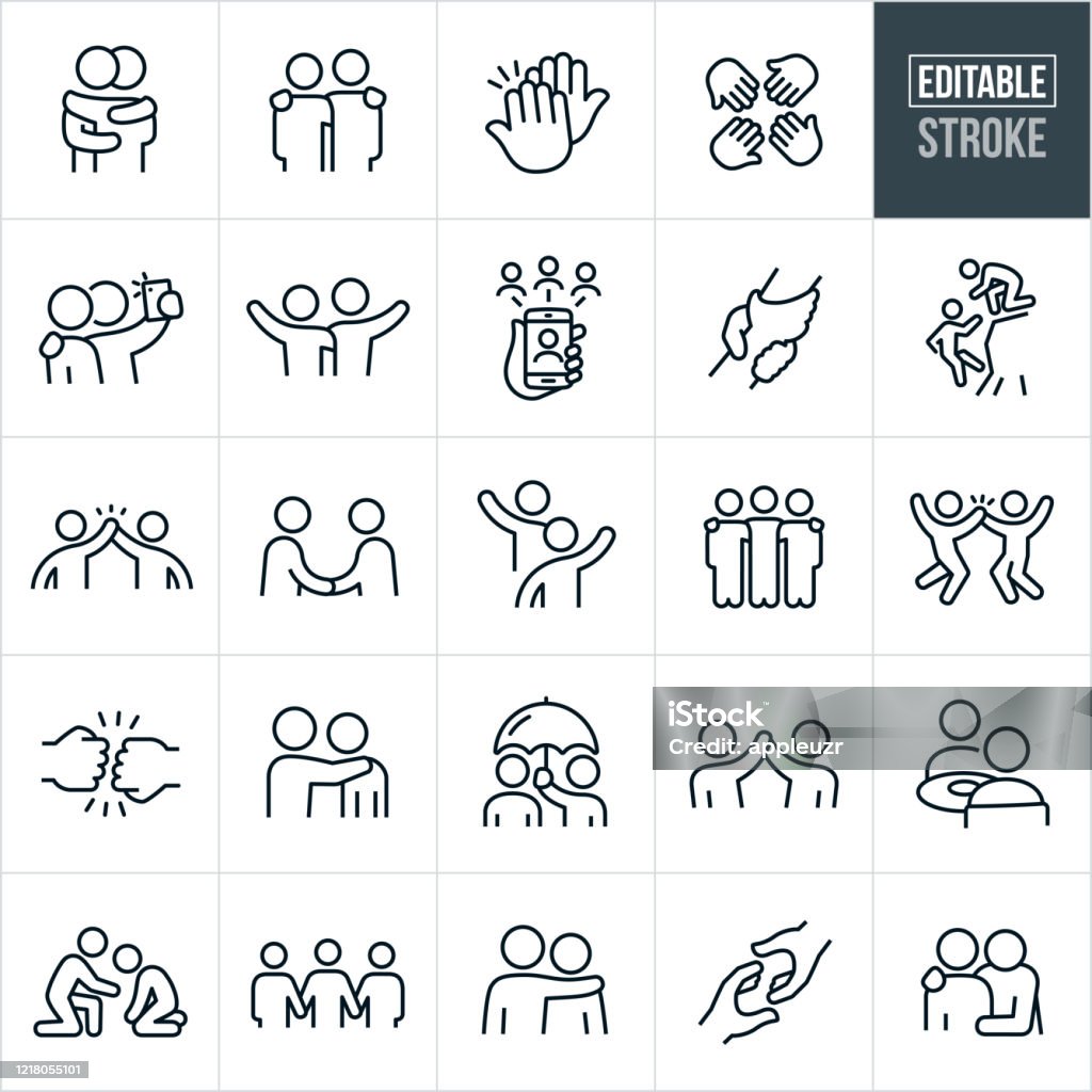 Friendship Thin Line Icons - Editable Stroke A set of friendship icons that include editable strokes or outlines using the EPS vector file. The icons include many people demonstrating friendship. They include two friends hugging, two people with arms around shoulders, high-five, four hands in, two friends taking a selfie, two friends waving, two friends waving to each other, friends on smartphone using social media, two clasped hands, a friend helping another friend on a cliff, two friends giving a hight five, two friends shaking hands, three people with arms around shoulders, fist bump, person holding umbrella for his friend, two friends having a meal, a friend offering support to another who is sad and additional friendship related icons. Icon stock vector