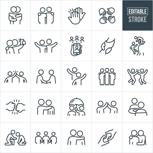 Friendship Thin Line Icons - Editable Stroke A set of friendship icons that include editable strokes or outlines using the EPS vector file. The icons include many people demonstrating friendship. They include two friends hugging, two people with arms around shoulders, high-five, four hands in, two friends taking a selfie, two friends waving, two friends waving to each other, friends on smartphone using social media, two clasped hands, a friend helping another friend on a cliff, two friends giving a hight five, two friends shaking hands, three people with arms around shoulders, fist bump, person holding umbrella for his friend, two friends having a meal, a friend offering support to another who is sad and additional friendship related icons. sharing stock illustrations