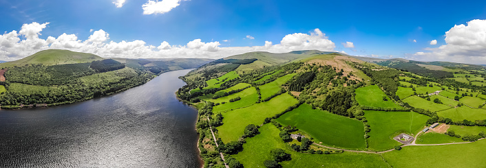 Aerial view of lake in natural park of Brecon Beacons in Wales