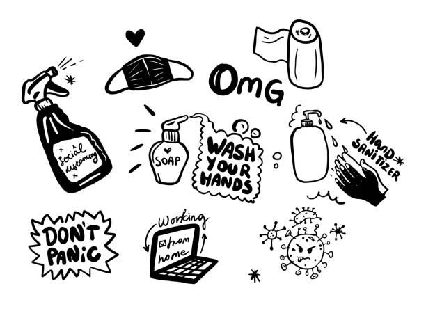Concept of coronavirus quarantine vector illustration. vector black and white graphic doodle stickers with medical masc, toilet paper, laptop,liquid soap and sanitizer. Concept of coronavirus quarantine vector illustration. vector black and white graphic doodle stickers with medical masc, toilet paper, laptop,liquid soap and sanitizer. cleaning drawings stock illustrations