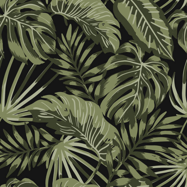 Green tropical leaves pattern on dark background. Jungle wallpaper. Green tropical leaves pattern on dark background. Jungle wallpaper. all over pattern stock illustrations