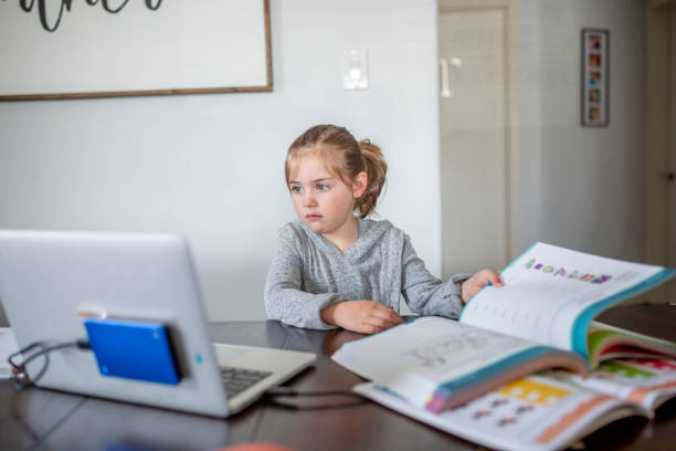 istock Little girl learns remotely 1218056381