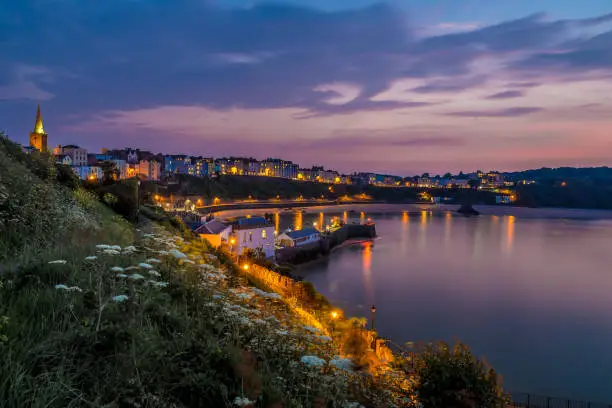 Welsh city of Tenby after sunset, UK