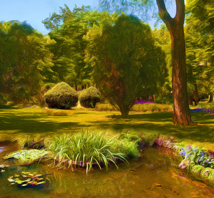 Oil landscape painting showing park on a beautiful spring day.