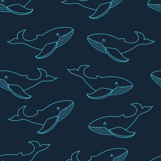 Doodle blue whale pattern design. Seamless pattern with doodle whales. Ocean animals background. Doodle baleen whale pattern design baleen whale stock illustrations