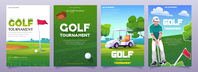 Golf tournament posters with illustration of green course, cart, tee and player. Vector cartoon flyers for advertising sport competition with grass, flag and putter. Golf club vertical banners