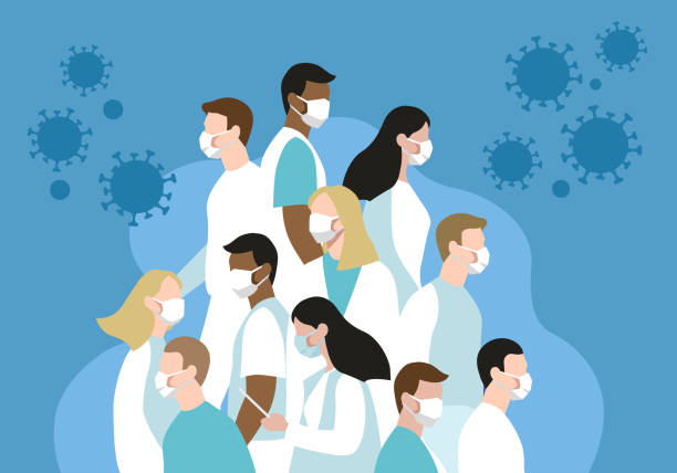 Vector flat illustration group of doctors and nurses fighting dangerous virus together on blue background Vector flat illustration group of doctors and nurses fighting dangerous virus together on blue background protective face mask illustrations stock illustrations