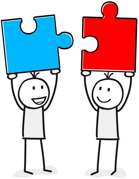 illustrations, cliparts, dessins animés et icônes de deux personnes avec des pièces de puzzle assorties - cooperation two people vector red