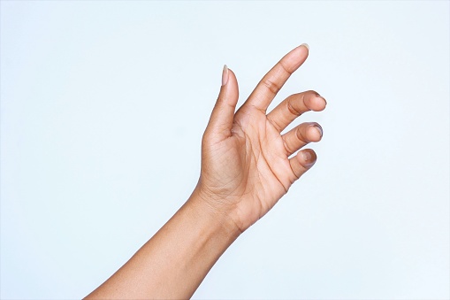 Woman hand gesture reaching up photo isolate on white front view copy space