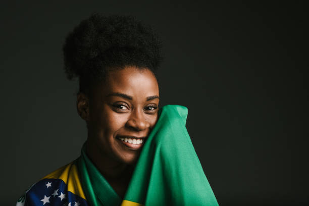 istock Affectionate woman with Brazilian flag 1218066486