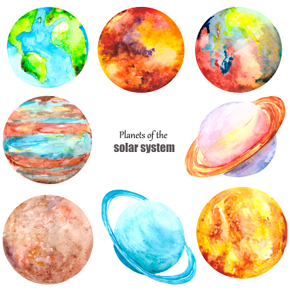 A colorful set with the planets of the Solar system isolated on a white background. Watercolor collection of Earth, mercury, Mars, Venus, Saturn, Uranus, Neptune and Jupiter.