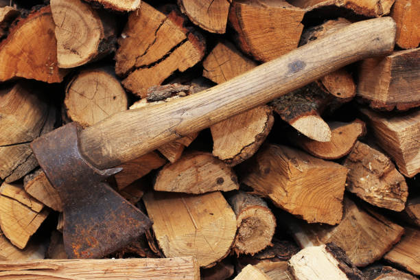 istock An old rusty axe on the background of a stack of firewood 1218069293