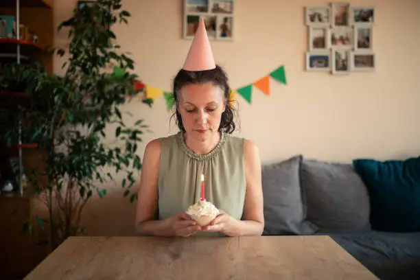 Photo of Woman celebrating birthday alone at home