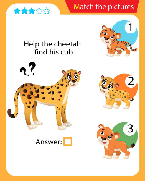 istock Matching game, education game for children. Puzzle for kids. Match the right object. Help the cheetah find his cub. 1218071986