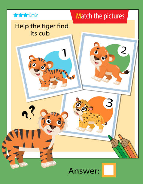 istock Matching game, education game for children. Puzzle for kids. Match the right object. Help the tiger find his cub. 1218072007