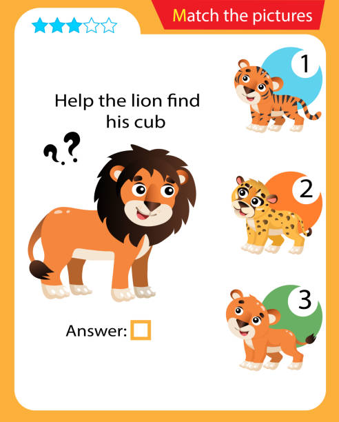 istock Matching game, education game for children. Puzzle for kids. Match the right object. Help the lion find his cub. 1218072695