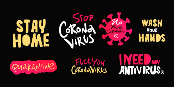 レタリングフレーズセット。コロナ ウイルス。あなた自身の世話をします。検疫 家にいなさい。あなたはコロナウイルスをファック。コロナウイルス2019-ncovウイルスから安全を保つために� - fuck you点のイラスト素材／クリップアート素材／マンガ素材／アイコン素材