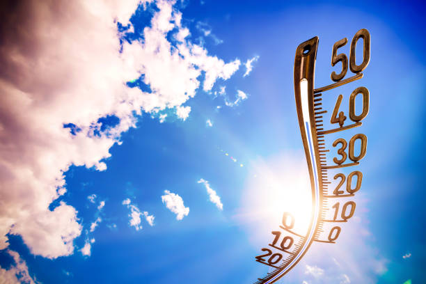 Hot summer or heat wave background, glowing sun on blue sky with thermometer