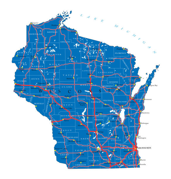 Wisconsin state political map Detailed map of Wisconsin state,in vector format,with county borders,roads and major cities. dane county stock illustrations