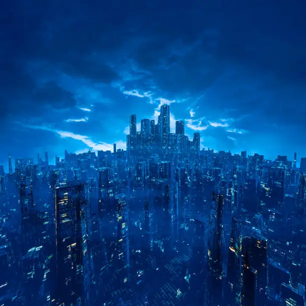 3D illustration of dark futuristic science fiction cyberpunk city under cloudy night sky
