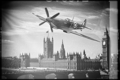 Montage of two of my own images, one Supermarine Spitfire (no model) and one image from London, black and white processed to imitate 1940 years technique