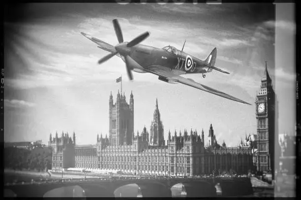 Montage of two of my own images, one Supermarine Spitfire (no model) and one image from London, black and white processed to imitate 1940 years technique