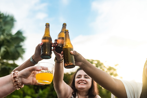 Group of people celebrating in home yard