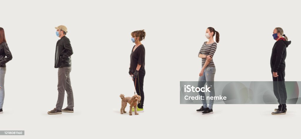 Group of people in queue, Social Distancing Concept Waiting In Line Stock Photo