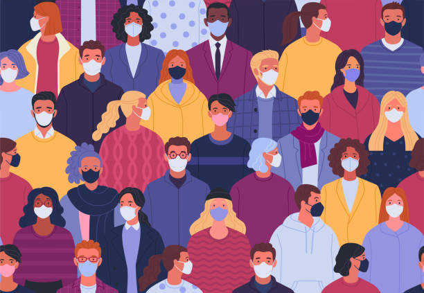 Coronavirus pandemic seamless pattern. Vector illustration of multiethnic crowd of people in medical masks in trendy flat style. walking backgrounds stock illustrations