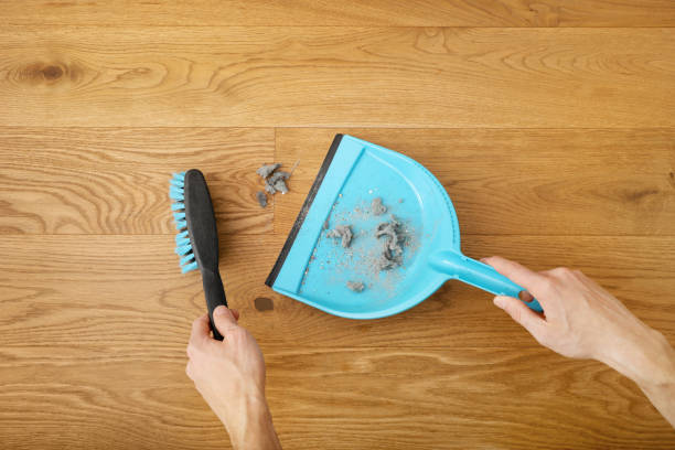 Sweeping floor with scoop and brush