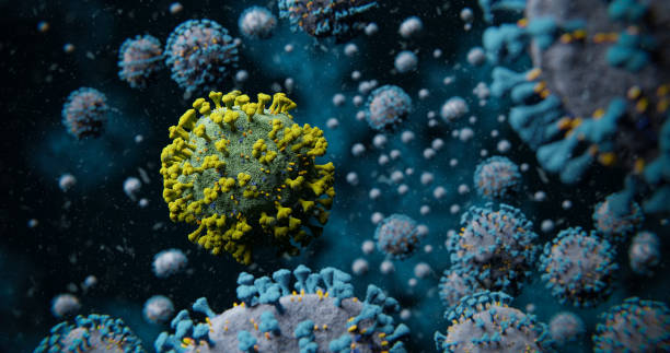 istock Microscopic Green COVID-19 Corona Influenza Virus Molecule with Many Blue Contrast Molecules - nCOV Coronavirus Pandemic Outbreak Spread 3D Illustration 1218083557
