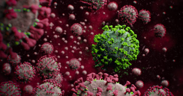 istock Green COVID-19 Corona Influenza Virus Molecule with Many Red Contrast Molecules - Microscopic Concept nCOV Coronavirus Pandemic Outbreak Spread 3D Illustration 1218083558