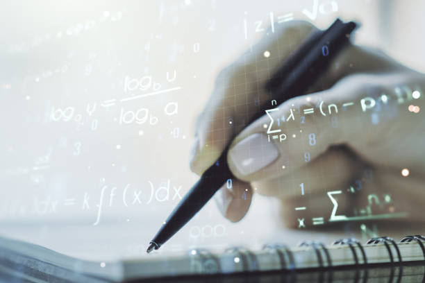 istock Creative scientific formula hologram with woman hand writing in notepad on background, research concept. Multiexposure 1218087303