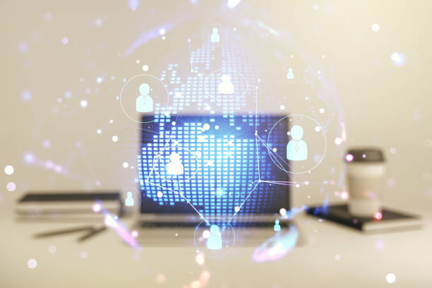 istock Social network media concept with world map and modern computer on background. Double exposure 1218087314
